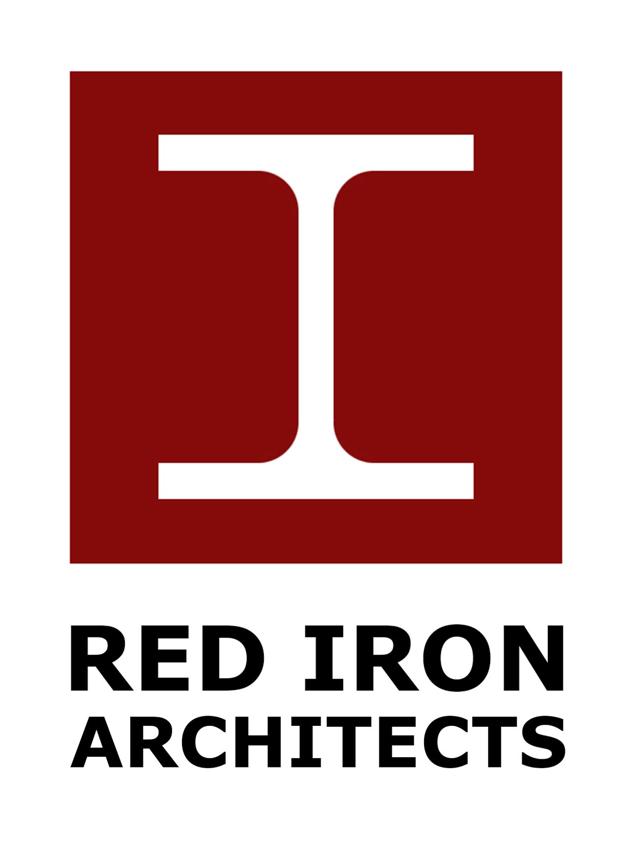 a red iron architects logo with a white i in a square .
