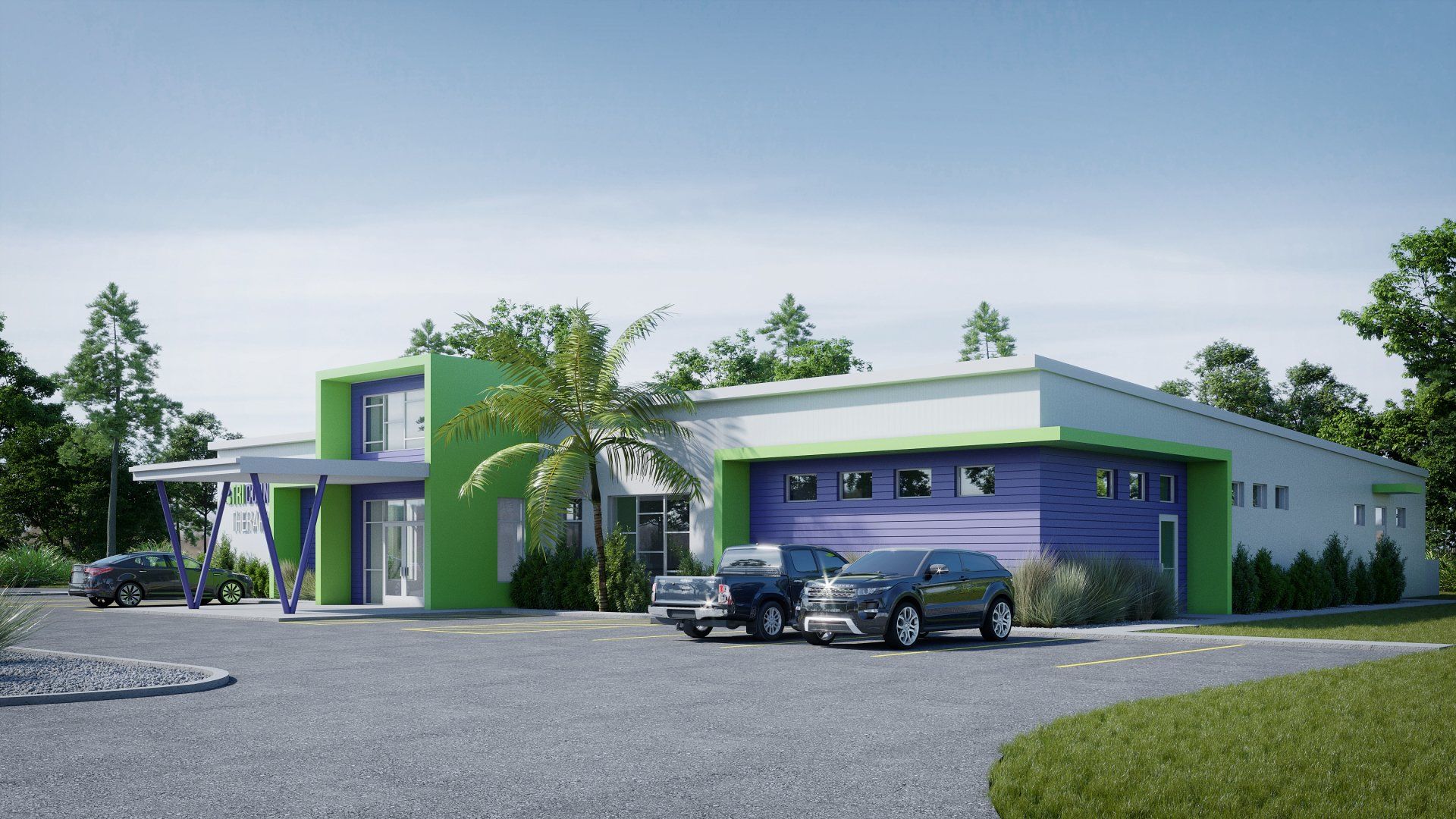 a green and purple building with cars parked in front of it