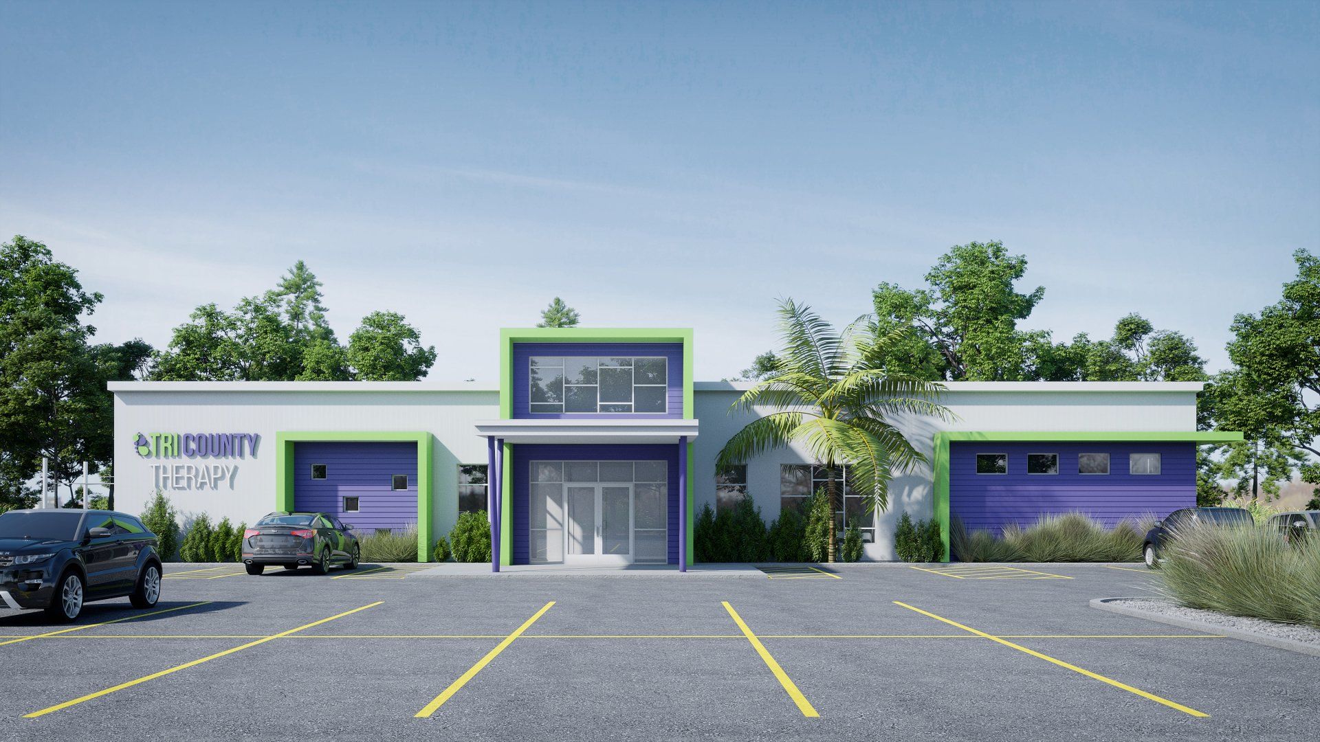 an artist 's impression of a building with a parking lot in front of it .