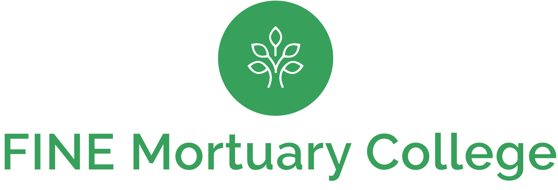 The logo for fine mortuary college has a tree in a green circle.