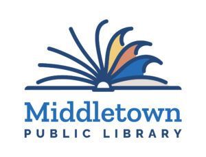 The middletown public library logo shows an open book with waves coming out of it.