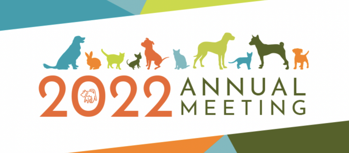 A logo for the 2022 annual meeting with dogs and cats