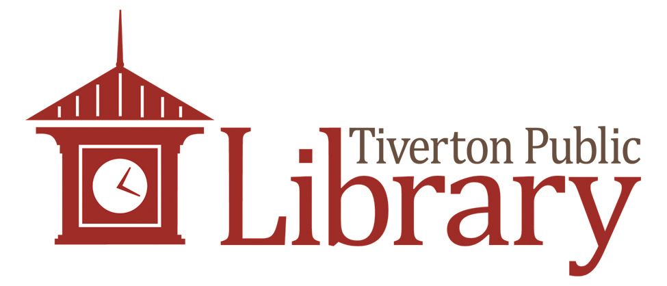 A logo for the Tiverton public library with a clock on top of it.