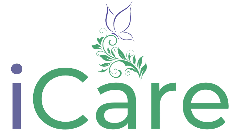 A logo for icare with a butterfly and leaves on a white background.