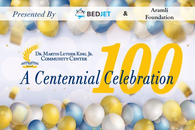 a poster for a centennial celebration with balloons in the background