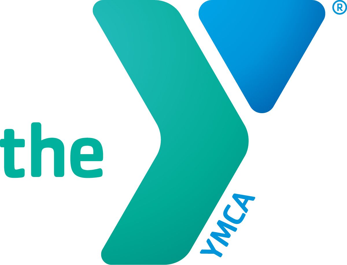 The ymca logo has a blue arrow pointing to the right
