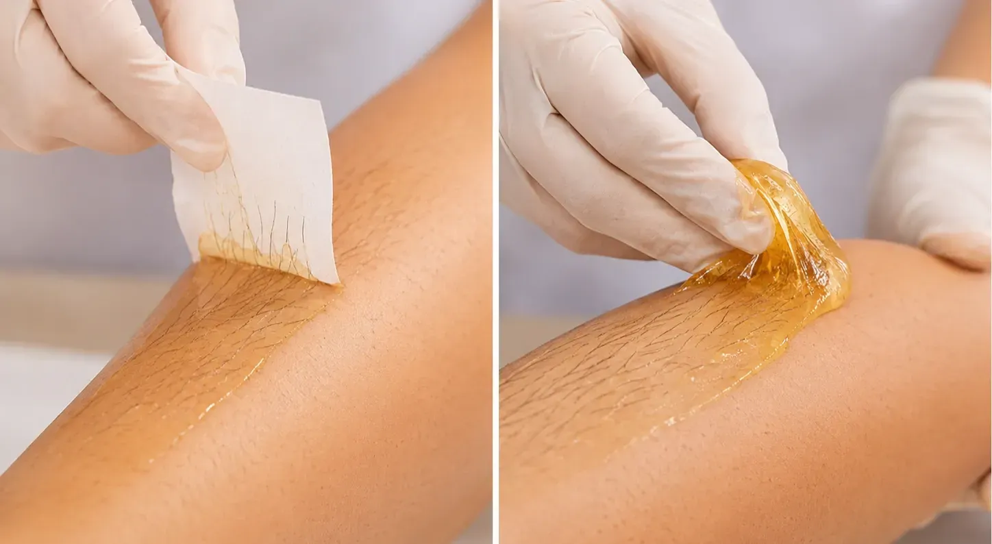 Close-up side-by-side comparison of hair removal techniques on a person's leg. The left side shows waxing, with a wax strip being pulled against the direction of hair growth, while the right side shows golden sugar paste being removed in the direction of hair growth during sugaring. Both treatments are performed by gloved hands in a clean, professional spa setting with natural lighting, realistic skin tones, and sharp, high-quality detail.