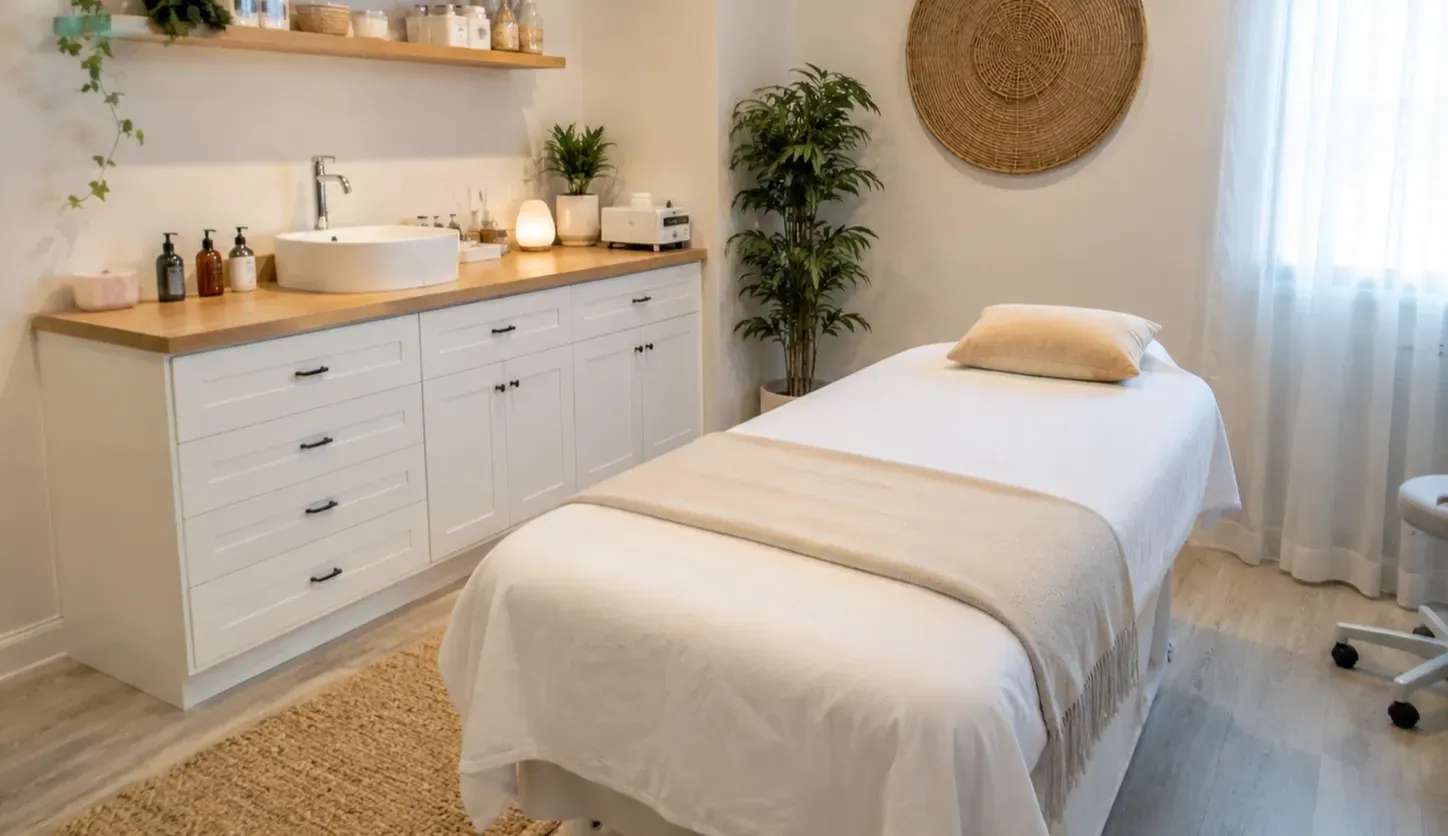 A clean, bright sugaring hair removal treatment room featuring a comfortable white esthetician bed with a folded blanket and pillow. The space is decorated with natural wood shelving, woven baskets, potted greenery, and neutral-toned décor. Soft natural light filters through sheer curtains, highlighting the modern cabinetry, countertop sink, and organized skincare supplies. The room has a calm, welcoming spa atmosphere with a minimalist, professional design.