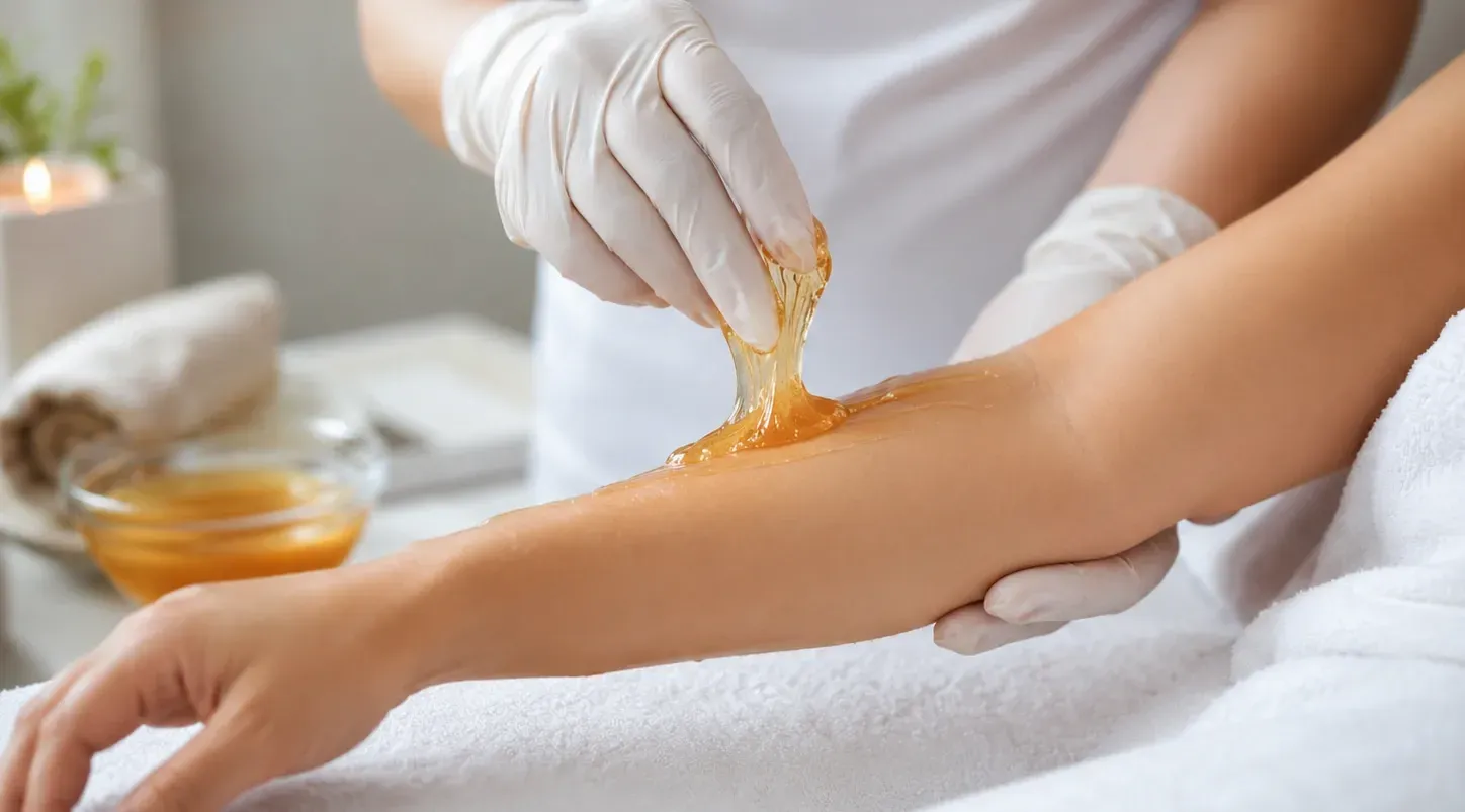 Practitioner applying golden sugar paste to a client’s arm during a professional sugaring hair removal treatment.