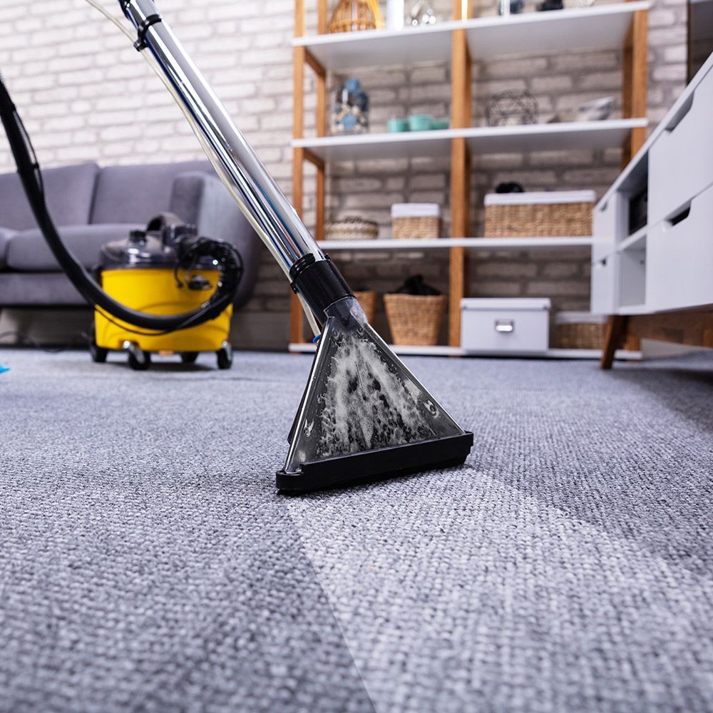 A vacuum cleaner is cleaning a carpet in a living room.