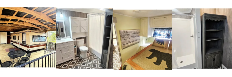 Collage of modern kitchen, bathroom, bedroom, and built-in shelving interiors