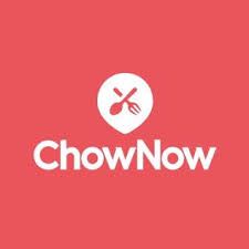 ChowNow logo: White text and icon (spoon and fork) on a red background.