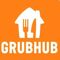 Grubhub app logo: white house shape with fork/knife on orange background.