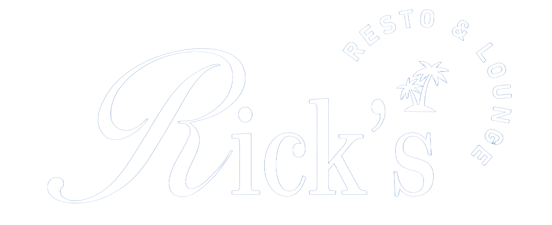 Logo for Rick's Resto & Lounge. White text on a blue background. Palm trees.