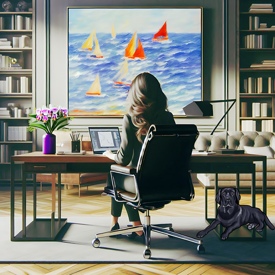 A woman is sitting at a desk in front of an open laptop.   There is a vase of flowers to her left.  A desk lamp is to her right and a black dog laying on the rug nearby.   Bookcases line the wall in the distance with a painting of sailboats centered ibetween them on the wall.
