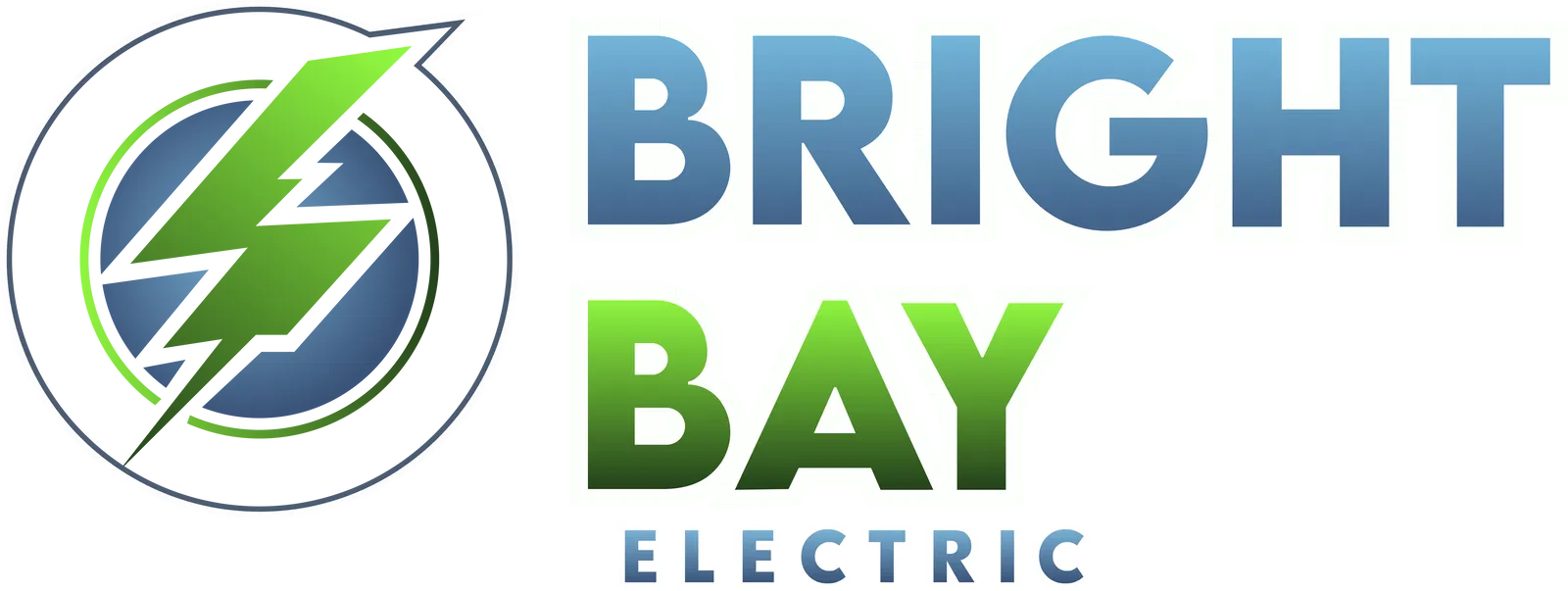 Logo for Bright Bay Electric. Green and blue lightning bolt within a blue and white circle, followed by text.