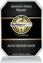 Carfax 2025 Top-Rated Service Center badge with a smiling fox wearing a Carfax t-shirt. Blue and yellow design. | Jeremi's Auto Repair