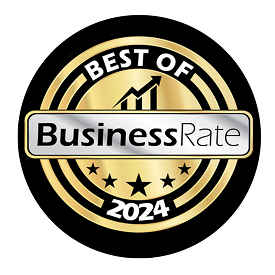 Best of BusinessRate 2024 badge. Black circle with gold and silver accents. | Jeremi's Auto Repair