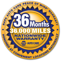 NAPA Auto Care warranty emblem: 36 months or 36,000 miles nationwide. Yellow, blue, and white circle design. | Jeremi's Auto Repair