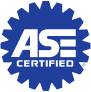 Blue ASE Certified logo with gear-shaped border; white text