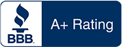 BBB A+ Rating badge: Blue and white graphic with a flame and text that says