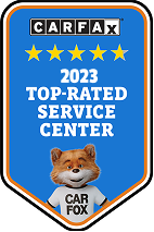 CARFAX 2023 Top-Rated Service Center badge with blue background, stars, and fox mascot wearing CARFAX shirt. | Jeremi's Auto Repair