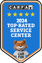 CARFAX 2024 Top-Rated Service Center badge; blue with fox mascot wearing