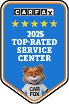 Carfax 2025 Top-Rated Service Center badge with a smiling fox wearing a Carfax t-shirt. Blue and yellow design. | Jeremi's Auto Repair