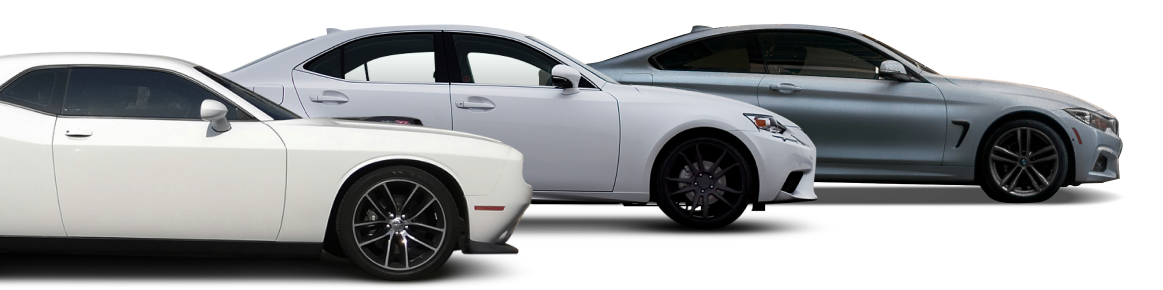 Three cars, white Dodge Challenger, silver sedan, and grey coupe, on white background. | Jeremi's Auto Repair