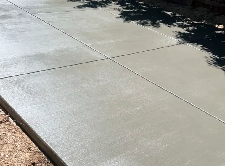 A close up of a concrete sidewalk with a tree in the background.