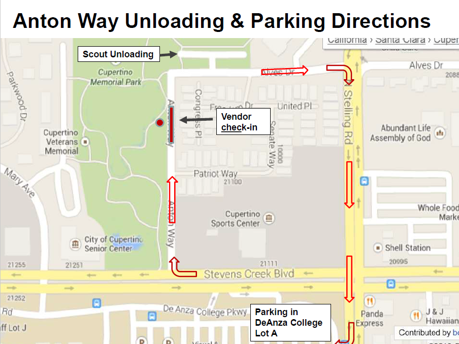 A map showing vendor unloading and parking directions