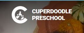 A logo for cuperdoodle preschool with a pumpkin in the background.