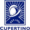 A blue and white logo for City of Cupertino with a helmet in the middle