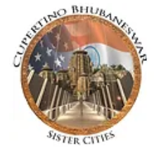 The logo for cupertino bhubaneswar sister cities shows a bridge and an american flag.