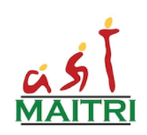 The logo for maitri is a red and green logo with two people standing next to each other.