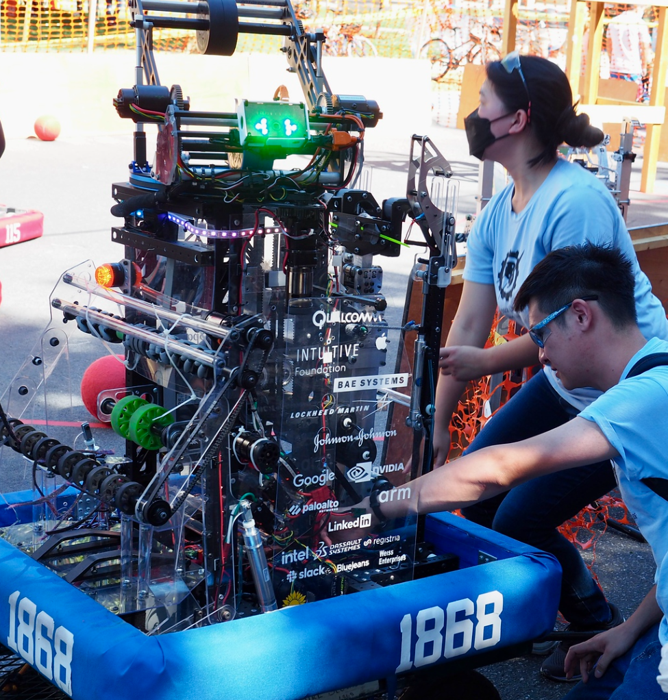 Two people working on a machine that says 1868 on it