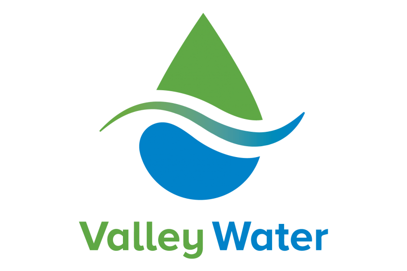 The logo for valley water shows a drop of water with a wave coming out of it.
