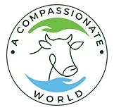 A logo for a compassionate world with a cow and hands.