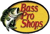 A bass pro shop logo with a fish on it.