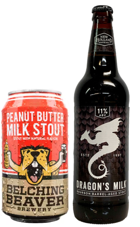 A can of peanut butter milk stout next to a bottle of dragon 's milk stout