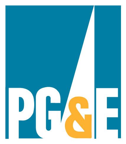 A blue and white logo for pg & e