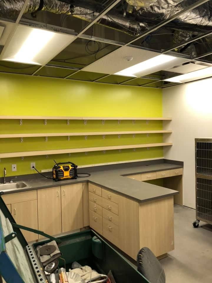 A room with a yellow wall and shelves, a counter, sink, and a radio. Construction materials are visible.