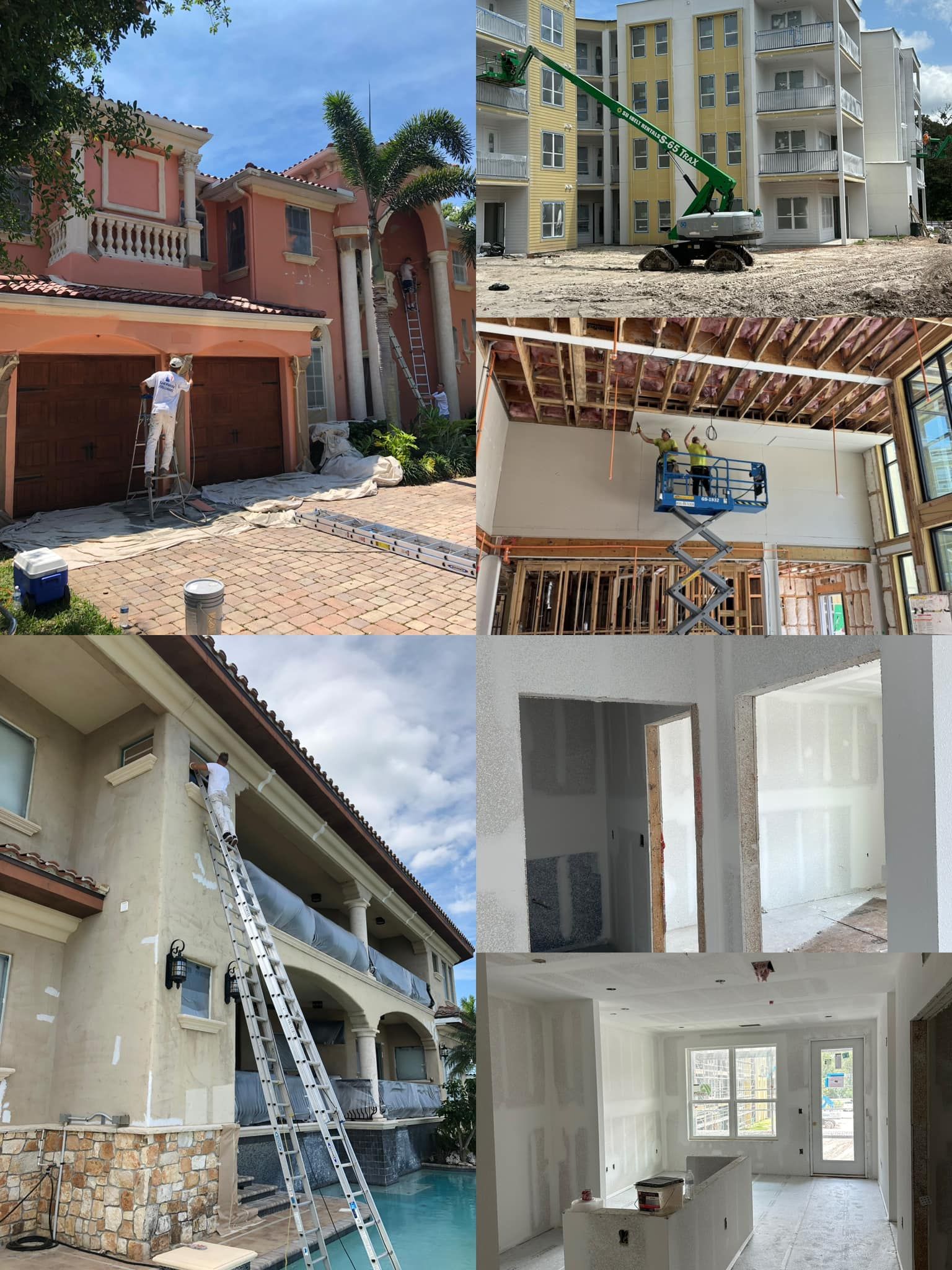 Painting a house exterior with a ladder, construction of apartments and interior drywall installation.