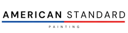American Standard Painting logo with blue and red lines underneath, patriotic theme.