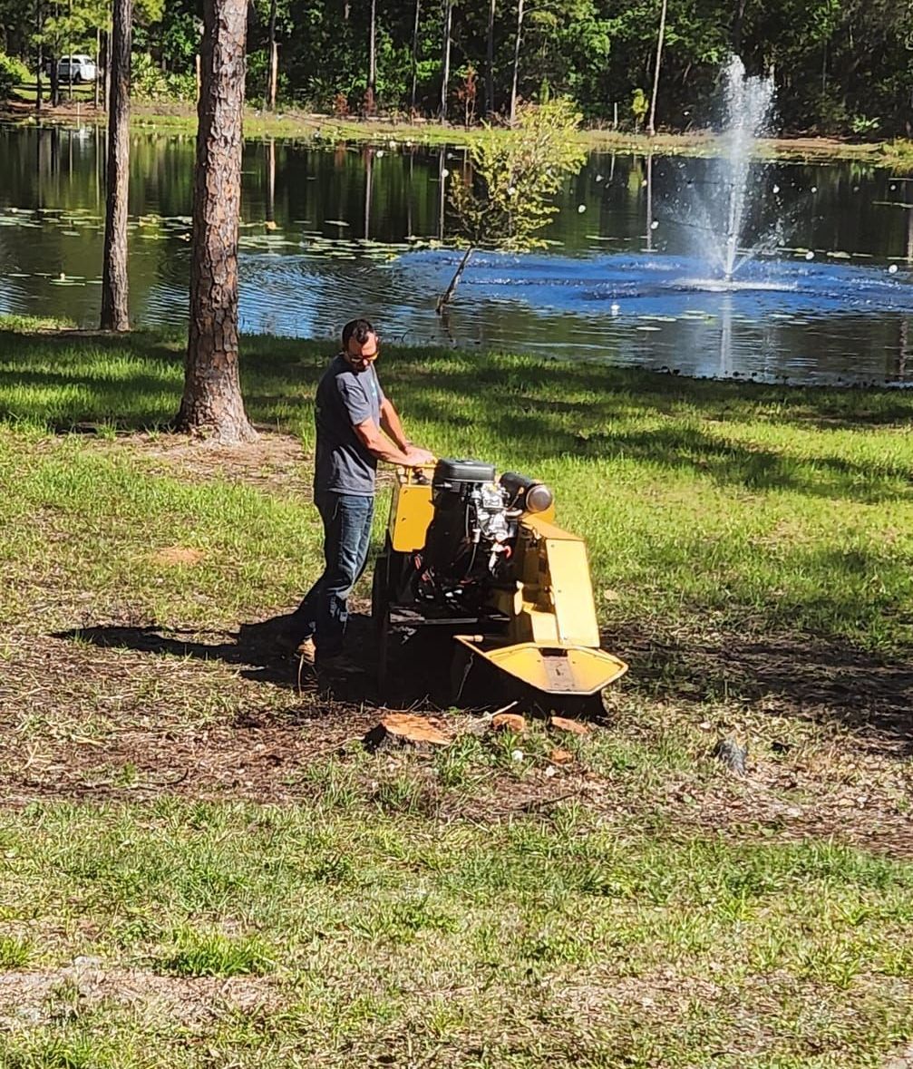 A man is using a stump grinder to remove a tree stump in a park.