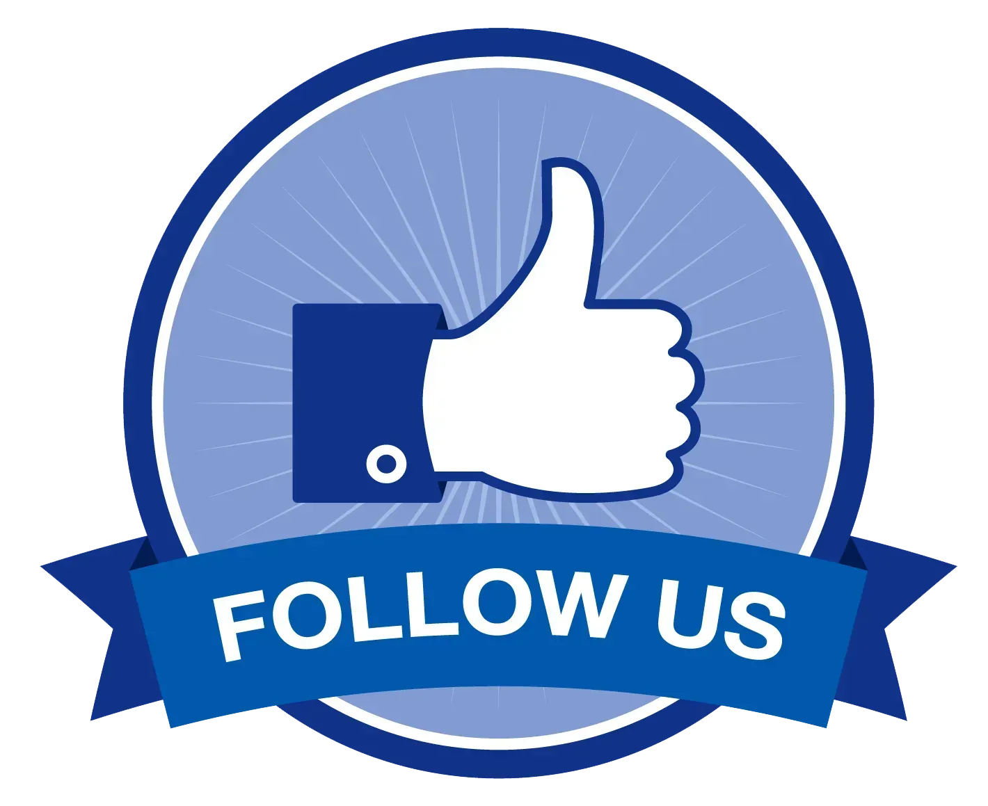 A blue circle with a thumbs up and the words follow us