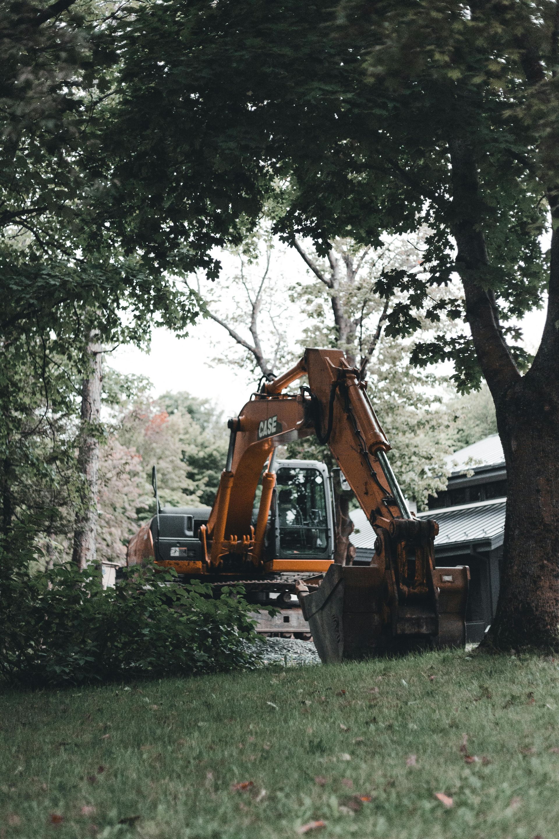 Orange excavator digging in a grassy yard between large trees