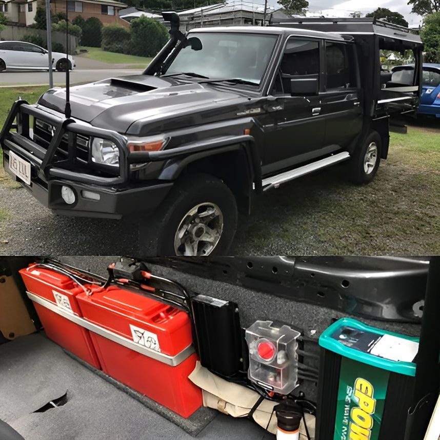A Black Truck Is Parked Next To A Green Epower Battery — Mudgeeraba Auto Electrical & Mechanical In Mudgeeraba, QLD