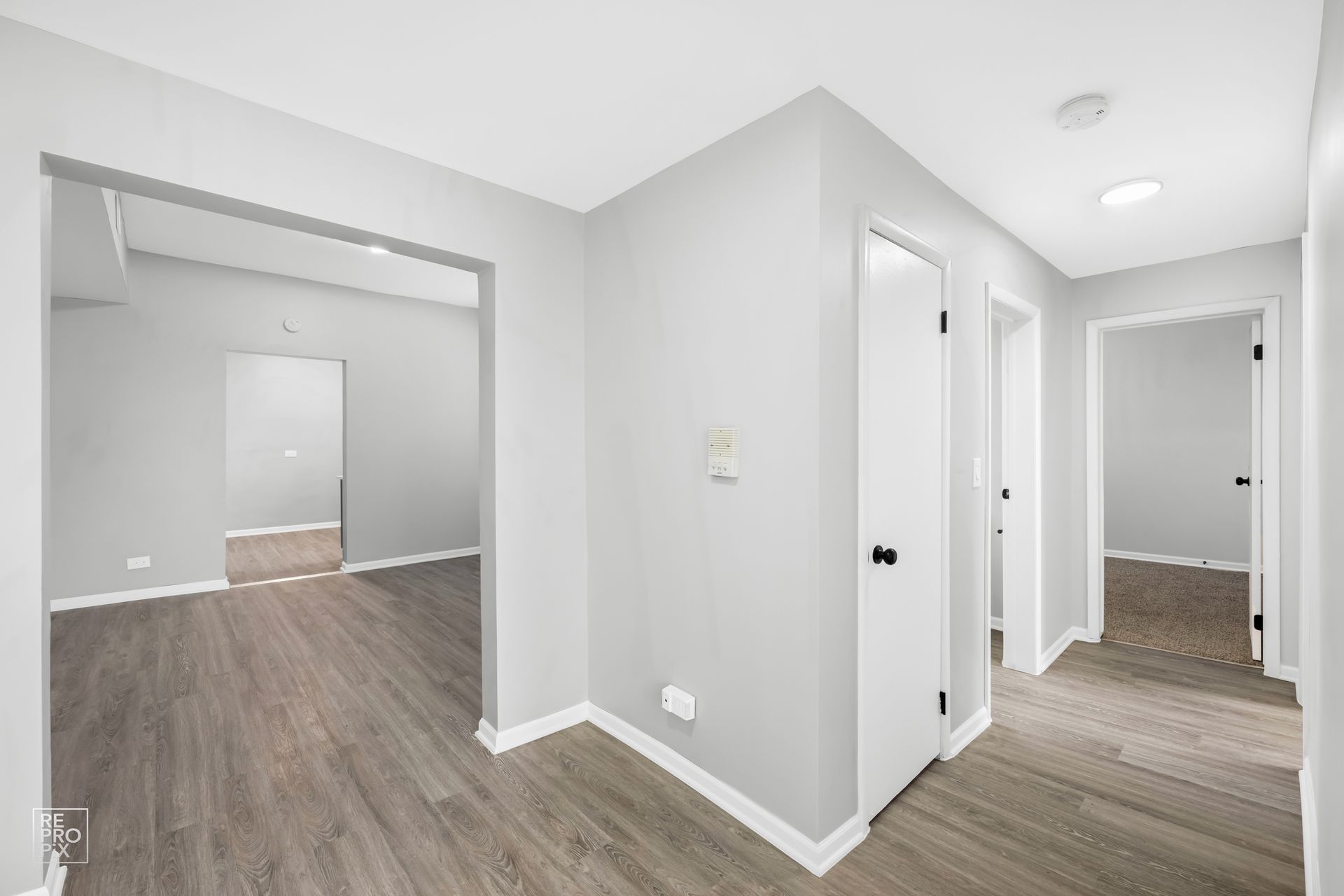 Hallway with gray walls, wood flooring, and white doors leading to rooms.