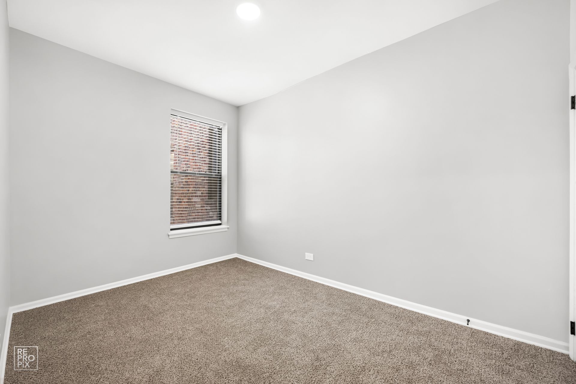 Empty room with gray walls, a small window, and brown carpet.